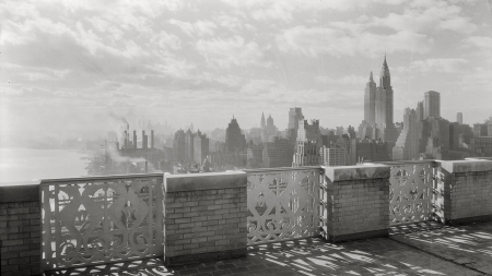 retro manhattan from balcony - grey scale, river, retro, balcony, city