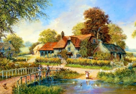 The old bridge - walk, beautiful, village, cottage, bridge, countryside, pretty, serenity, peaceful, rural, art, old, lake, ducks, calmness, pond, nice, lovely, trees, painting, kids