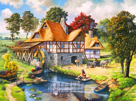 Water mill cottage - nice, wide screen, cottage, trees, peaceful, tudor, water, colorful, creek, spring, painting, art, quiet, pretty, calmness, artwork, river, architecture, grass, pond, swans, landscape, summer, shore, mill, lovely, serenity, beautiful, scenery