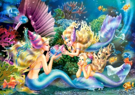 Three mermaids - pretty, water, magic, beautiful, sea, ocean, lovely, fairires, three, deep, mermaids, shells, painting, nice, art