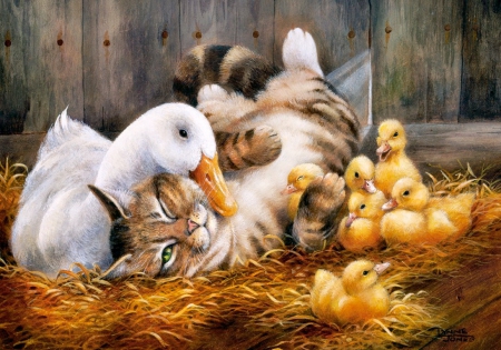 Pals - nice, pals, duck, farm, fluffy, joy, painting, art, pretty, children, companions, cat, kitty, mother, funny, playing, duckling, beautiful, friends, lvoely, barn