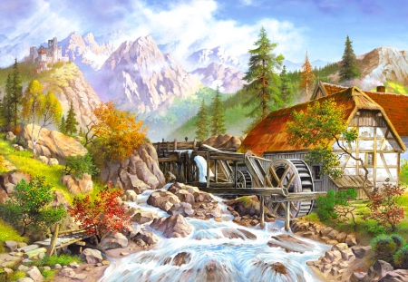 Watermill - pretty, calm, quiet, creek, stream, mountain, art, sky, clouds, trees, beautiful, mill, lovely, colorful, watermill, nature, painting, serenity, rocks