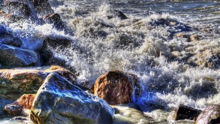 sea surf splashing on a rocky shore hdr - shore, hdr, sea, foam, splash, rocks, waves