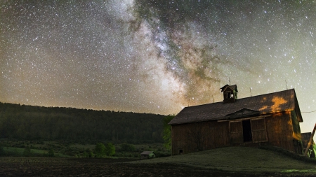 stars among barn in fields - night, stars, barn, fields