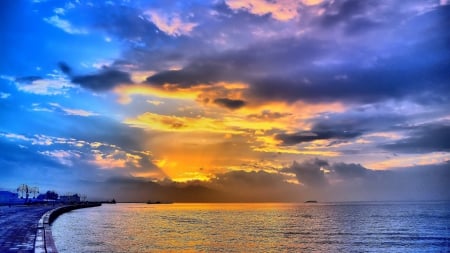 seaside at sunset hdr - clouds, sunset, sea, wharf, hdr