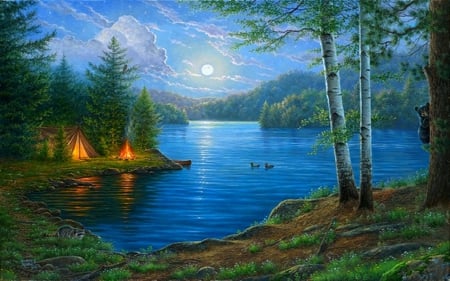 ✫Full Moon Night✫ - reflections, attractions in dreams, blue, rivers, creative pre-made, night, drawings, flowers, swans, canvas tents, plants, sky, clouds, trees, waterscapes, paintings, digital art, colors, cool, moonlight, bear, moons, weather, love four seasons