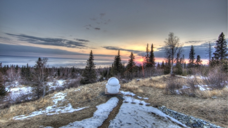 weather station on a hill above seashore hdr - hill, winter, weather station, hdr, sea, forest