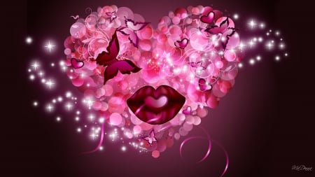 Pink Bokeh Heart - bokeh, stars, lips, collage, shine, wine, hearts, abstract, pink, valentines day, streamers, ribbon, butterflies