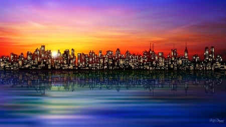 Turning the Lights On - sky, water, sunset, buildings, skyscrapers, town, reflection, city, lights