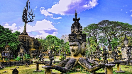 statue garden in vientiane laos hdr - clouds, trees, garden, civilization, hdr, statues