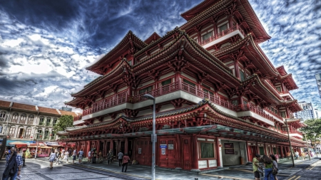 a wonderful chinese temple in singapore hdr - people, clouds, city, hdr, temple, pagoda