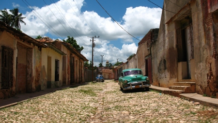 old cars on a street in a cuban barrio - cars, street, town, clouds