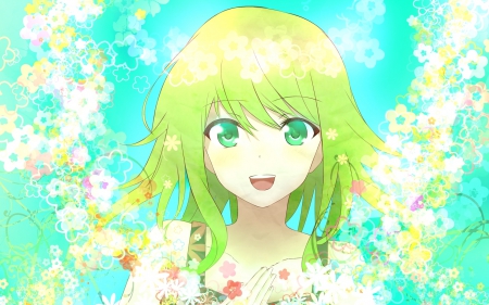 Anime girl - flowers, pretty, anime, green, girl, cute, face, hair