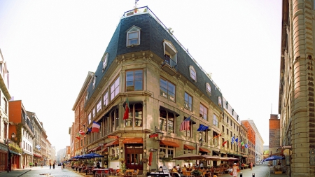 cafe on a triangular corner on a city street - people, triangle, streets, cafe, city