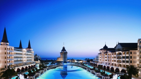 spires on a resort in turkey - see, spires, dusk, pool, resort