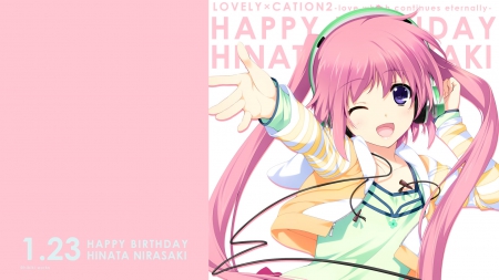 Happy Birthday Nirasaki Hinata!!! - nirasaki hinata, pink hair, ponytails, lovely x cation 2, lovely x cation, headphones, anime, wink, purple eyes