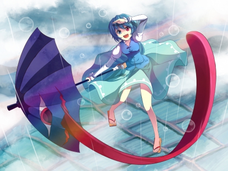 ~Tatara Kogasa~ - skirt, rain, tatara kogasa, bicolored eyes, blue hair, touhou, floating, umbrella, anime, short hair