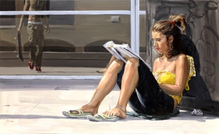 City Girl - beautiful, reading, girl, city, fantasy, painting, digital, woman, art