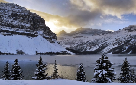 Winter - clouds, trees, winter, snowy, splendor, snow, sunrise, winter splendor, sunset, winter time, nature, lake, mountains, peaceful, sky