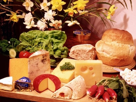 Cheese & Bread - bread, flowers, food, photo, still life, cheese