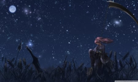 a quiet moment - moment, moon, quiet, anime, girl, stars