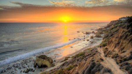 superb sunset at the seashore hdr - cliff, steps, shore, sunset, sea, rocks