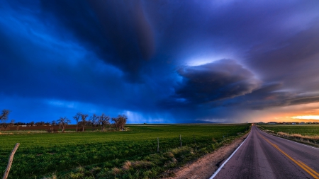 rain clouds over a rural highway - storm, clouds, highway, fields, rain