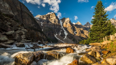 raging mountain stream - logs, stream, mountains, rapids, rocks