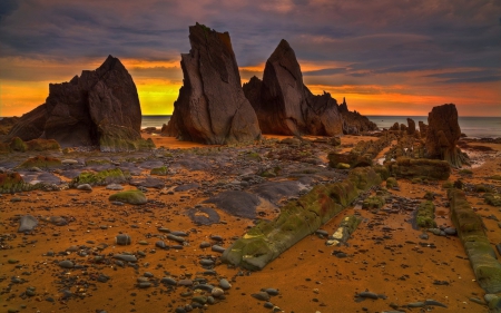 sharp rocks on a seashore - shore, sunset, sea, rocks