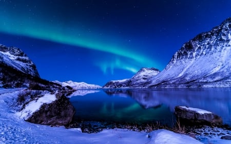 northern lights over mountain lake in winter - winter, lake, northern kights, night, mountains