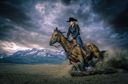 Miss Rodeo - woman, sky, mountain, female, cowgirl, equine, horse riding, erica greenwood, painting, art, horse, miss rodeo