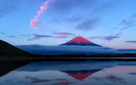 Fuji - fuji, japan, water, blue, landscape, pink, mountain, sky