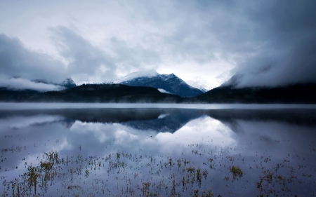 fog covered mountains reflected in a lake - lake, mountains, reflection, clouds, fog