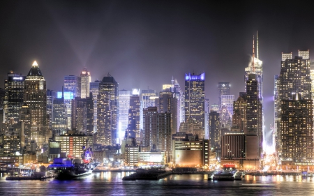 hudson river piers on west side of manhattan - river, piers, lights, skyscrapers, ships, city, night