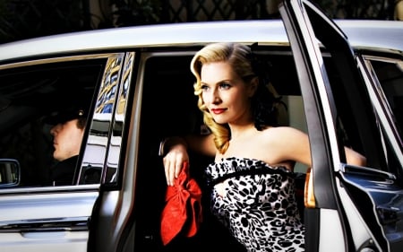 Emily Procter - red, black, actress, blonde, emily procter, girl, white, car, woman