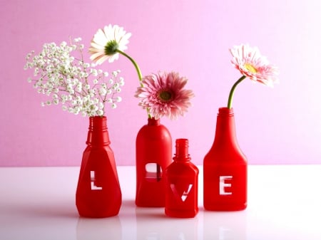 LOVE BLOSSOMS - red, bottles, love bottles, love, bossoms