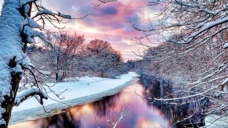 River Reflections - sky, landscape, trees, clouds, snow, water, winter