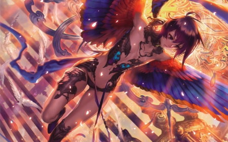 Believe in me! I will save you - nice, beauty, female, magic, wings, sunset, anime girl, fantasy, armor, pretty, cool, game, petals, anime, purple eyes, cute, short hair, birds, sexy, feathers, magical, purple hair, game cg, beautiful, animal, sweet, awesome, lights