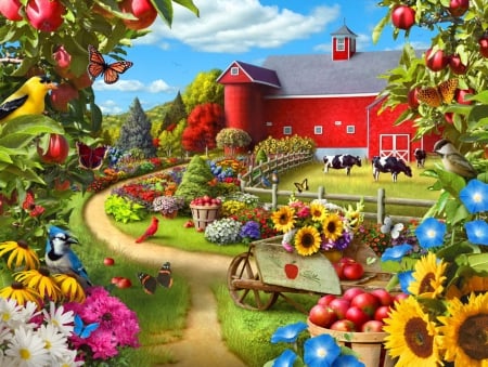 Corner of your life - nice, farm, sky, sunflowers, trees, paradise, colorful, path, spring, painting, art, rural, corner, pretty, life, house, grass, fruits, summer, place, lovely, apples, cows, beautiful, flowers, barn