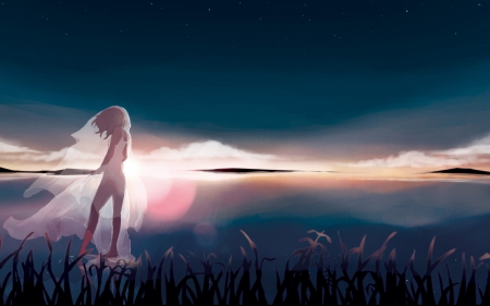 Forever alone - pretty, anime, magic, female, landscape, dress, night, stars, dream, nice, sky, clouds, bride, anime girl, water, beautiful, beauty, cool, sweet, short ahir, fantasy, nature, sunset, awesome, cute