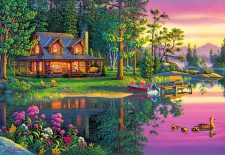 Lakeside retreat - cottage, nice, sky, colorful, countryside, painting, amazing, art, pretty, reflection, house, tree, lakeside, grass, relax, boat, lake, shore, lovely, ducks, forest, beautiful, rest, flowers, retreat