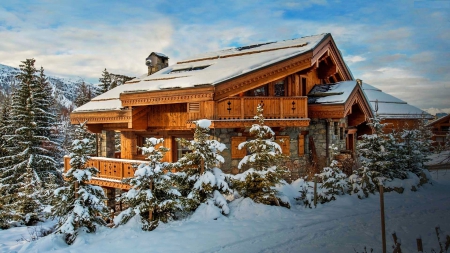 Wooden Cottage - hose, cottage, nature, trees, snow, winter