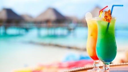 Cocktails - summer, cocktails, beach, abstract, ocean, isle, vacation, fruit, photography, cocktail, nature, drinks, paradise, cold, tropic, tropical, huts, drink, sun, sky, holiday, refreshing, island, bungalows, sea, sunshine