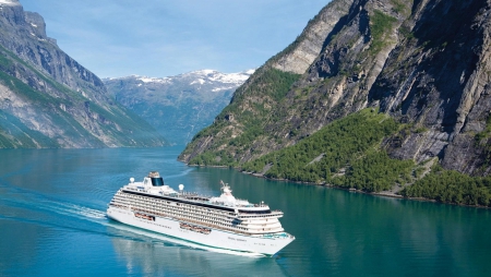 Crystal Serenity Luxury Cruise Ship - luxury, water, ship, cruise, reflection, crystal, mountain, boats, white, nature, serenity, lake, sky