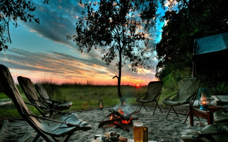 Blue Sky Around the Fire - sky, trees, sunset, chairs, fire, country, nature, living, blue, leaves, green, grass, land, sand