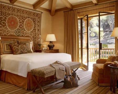 bedroom - interior, brown, striped, photography