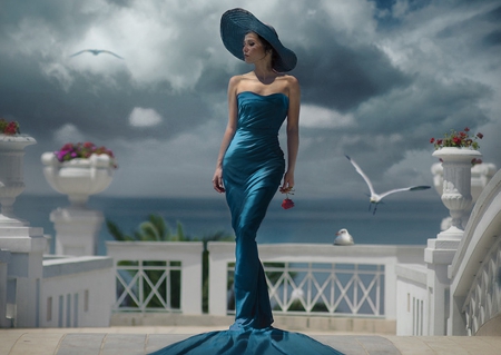 Blue Lady - woman, seagulls, lady, hat, blue, model, flower, dress