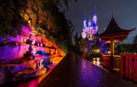 Disneyland - Disneyland, city, night, light, castle