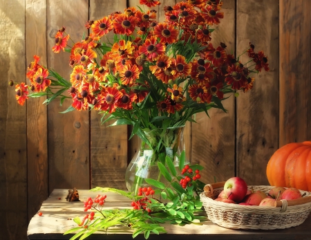 Still life - nice, pumpkin, colorful, bouquet, still life, merries, pretty, petals, harmony, fruits, lovely, apples, vase, wall, beautiful, leaves, flowers