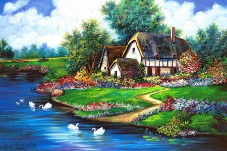 Flourishing spring - cottage, paradise, countryside, colorful, spring, art, reflection, river, artwork, garden, lake, swans, landscape, beautiful, wide screen, nice, season, freshness, tudor, peaceful, water, flowering, calm, painting, quiet, rural, pretty, architecture, house, flourishing, dusks, lovely, serenity, village, scenery, flowers